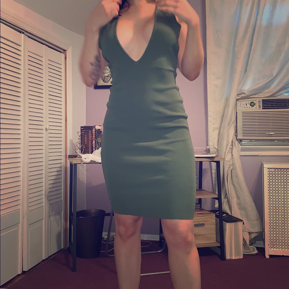 Olive green deep V neck dress